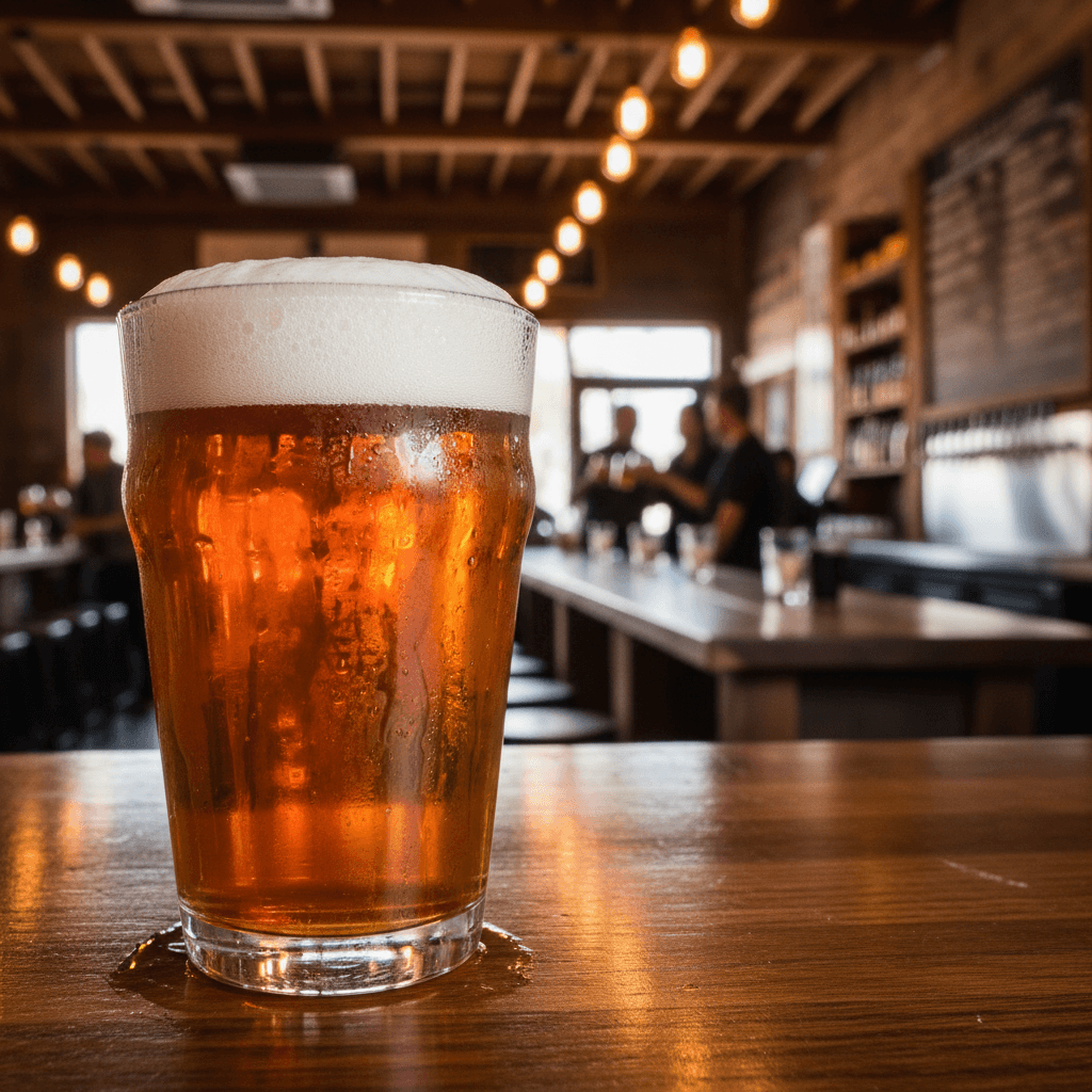 Chilled IPA beer in dewy glass with foamy head at a cozy bar