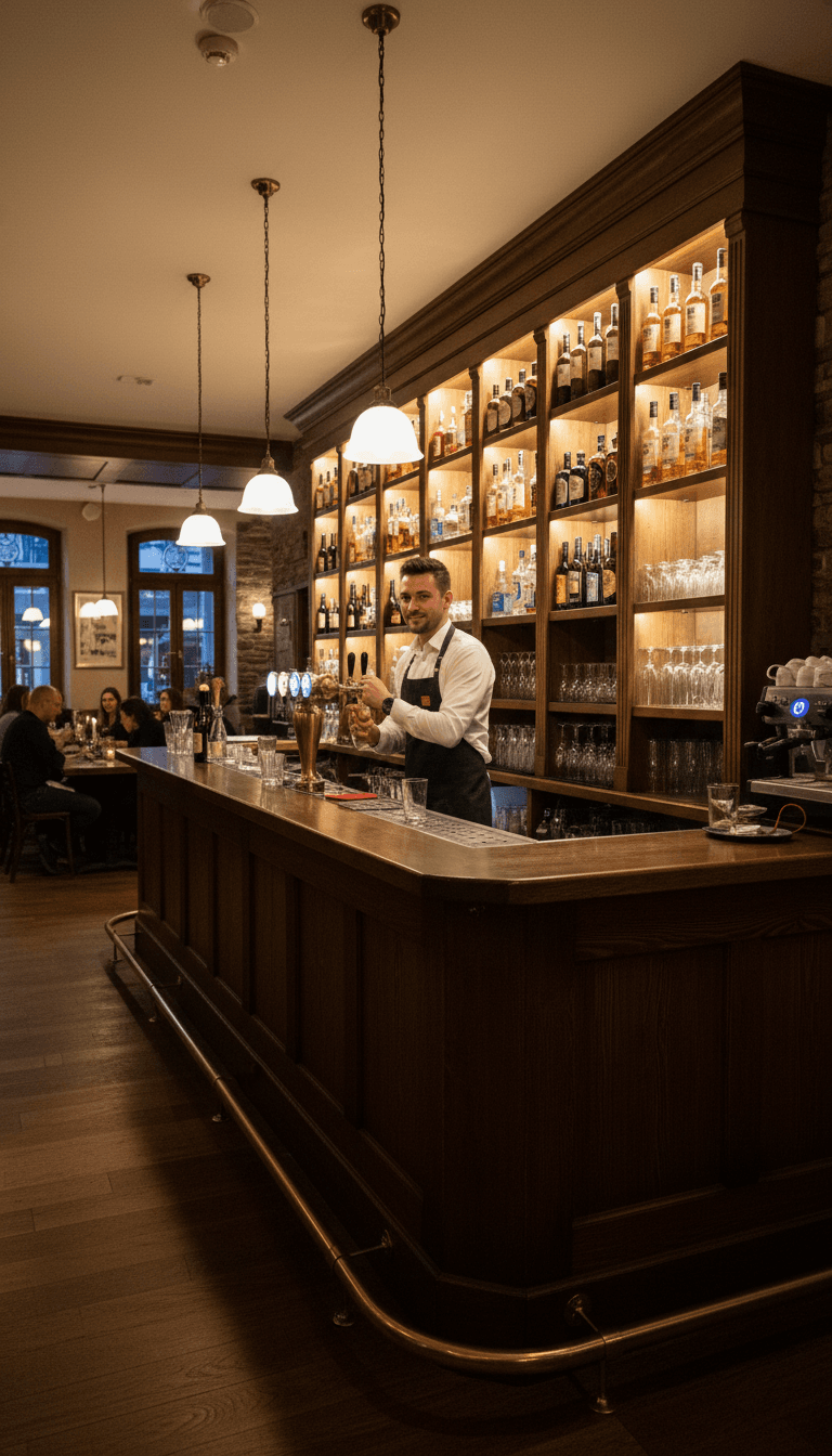 P's and Q's bar counter with craft beer taps and warm interior lighting