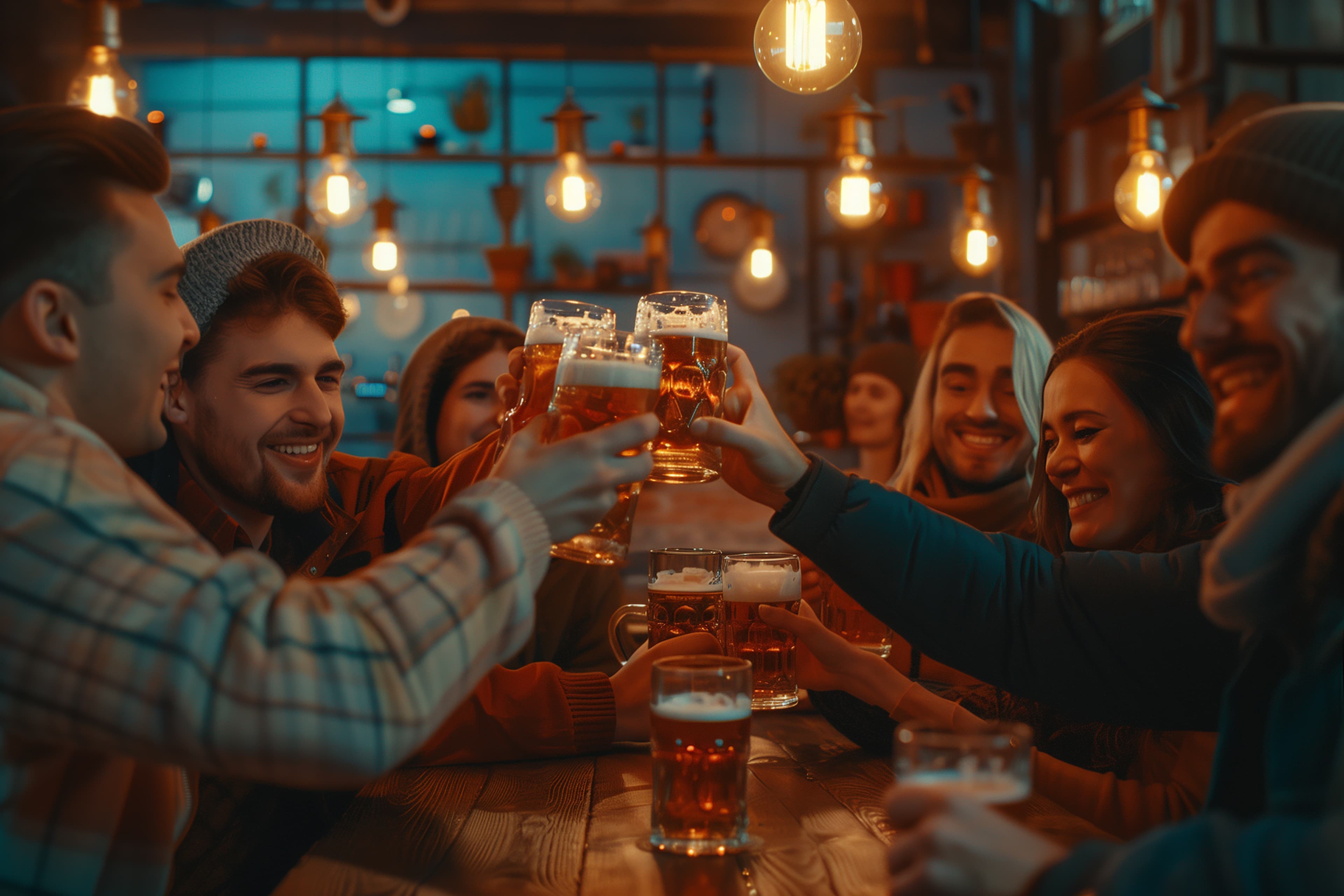 Smiling friends clinking beer glasses in a warm, dimly lit pub with hanging Edison bulbs.
